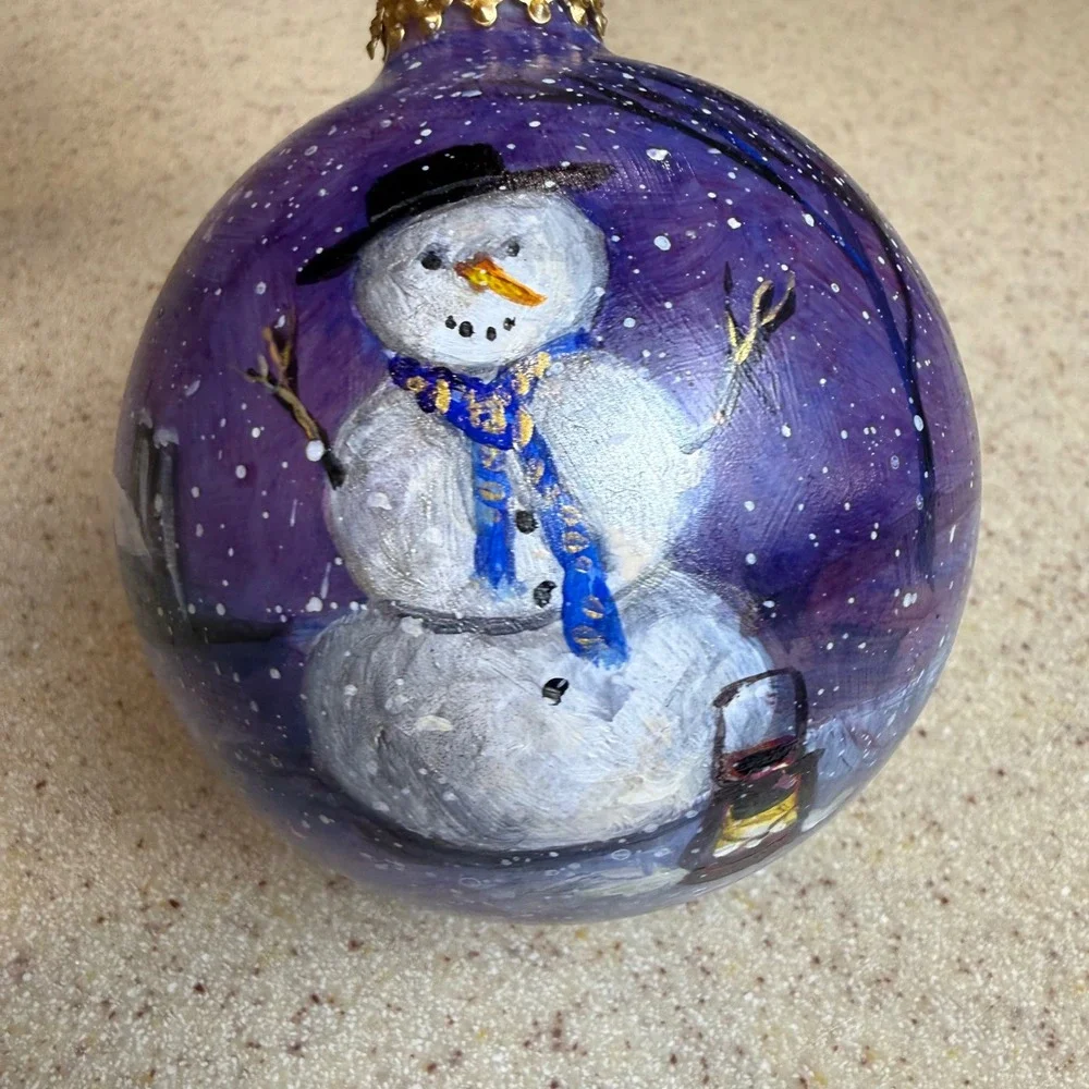 Freiman Stoltzfus Hand Painted Snowman Glass Christmas Ornament Signed 2010 Box